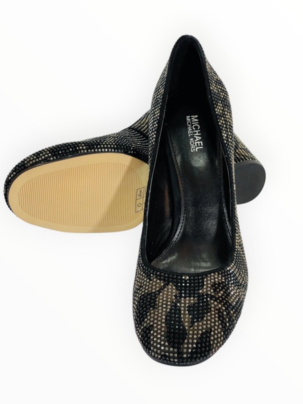Michael Kors Women’s Jamie Pump Studded Block Heel Floral Print Black Size: 6.5M